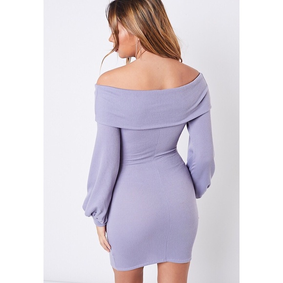 Purple Off The Shoulder Bubble Sleeve Mini Dress - Picture 4 of 5
